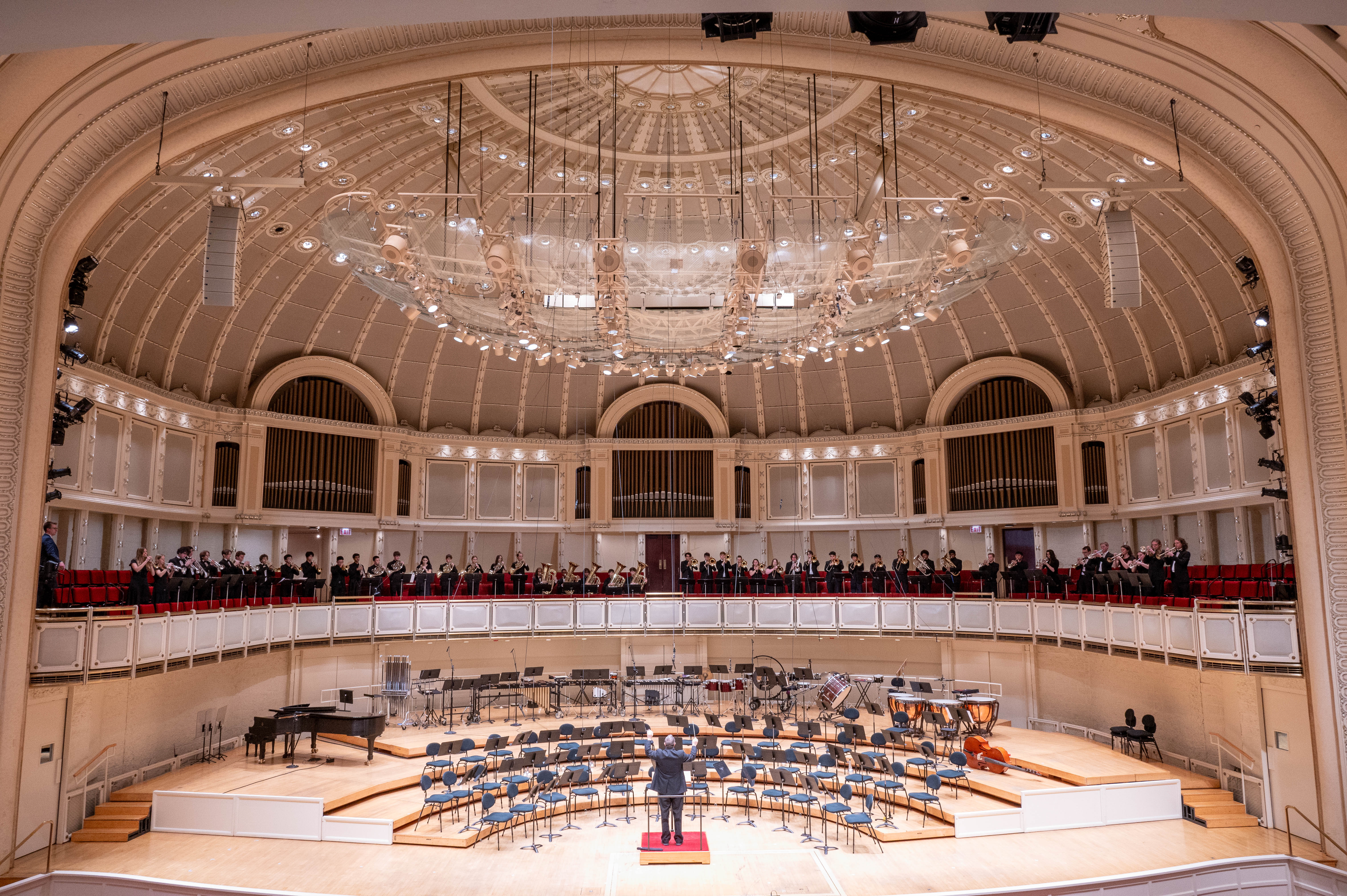 Brass players performing from terrace at Chicago Symphony Center