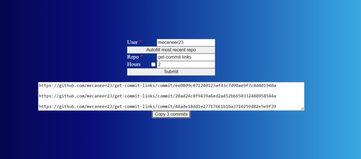 Screenshot of get commit links app