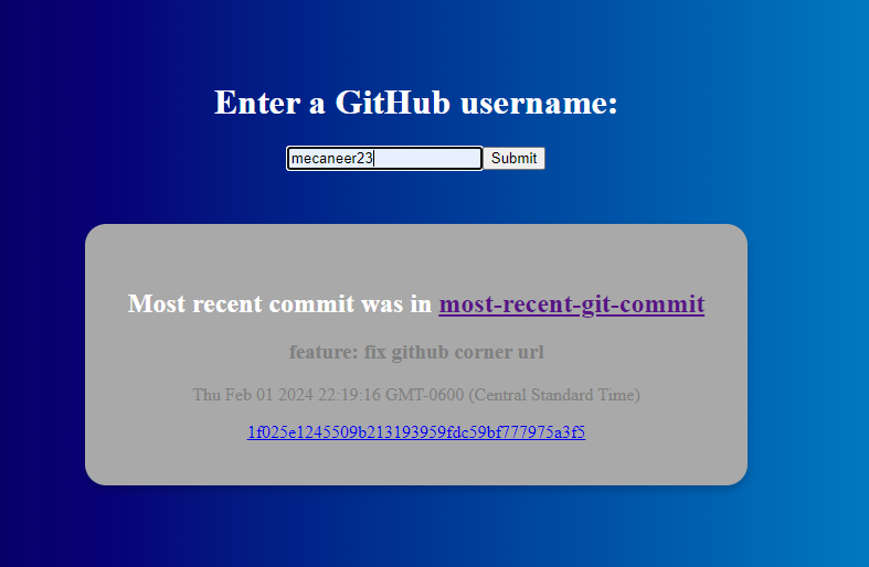 Screenshot of most recent git commit getter app