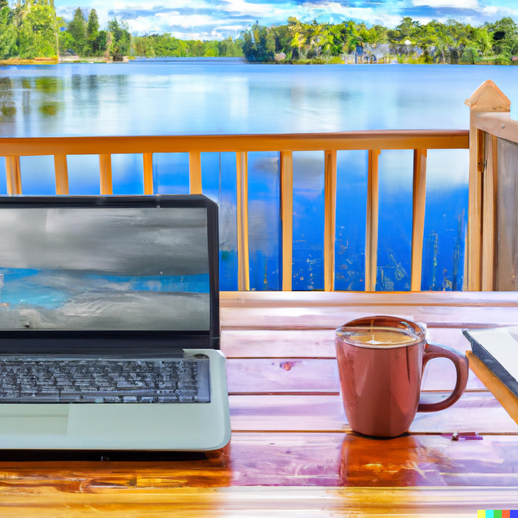 View from a porch over a lake while coding